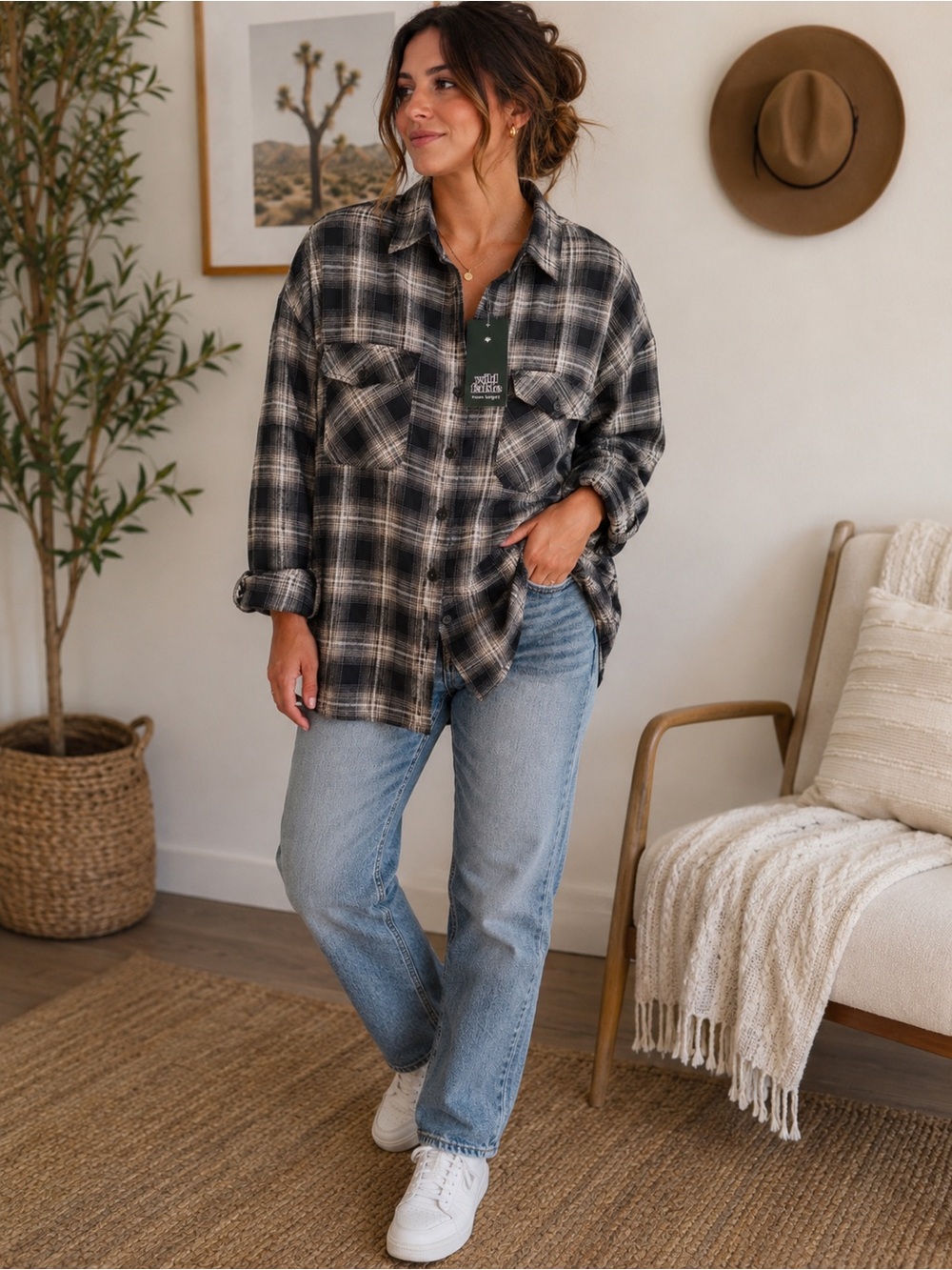 Black & Cream Plaid Button-Up Top With Pockets 100% Cotton New with Tags